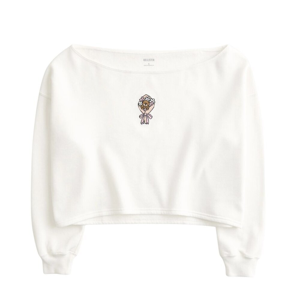 ✨ NEW: Hollister Graphic Fleece Sweater – Cold Shoulder (Size M, Off-White) ✨